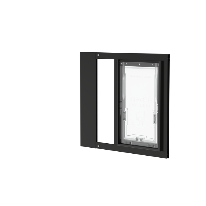  Dragon single flap pet door for sash windows, black, angled view, with locking cover. UV-resistant additives in the flap and frame prevent warping and cracking.