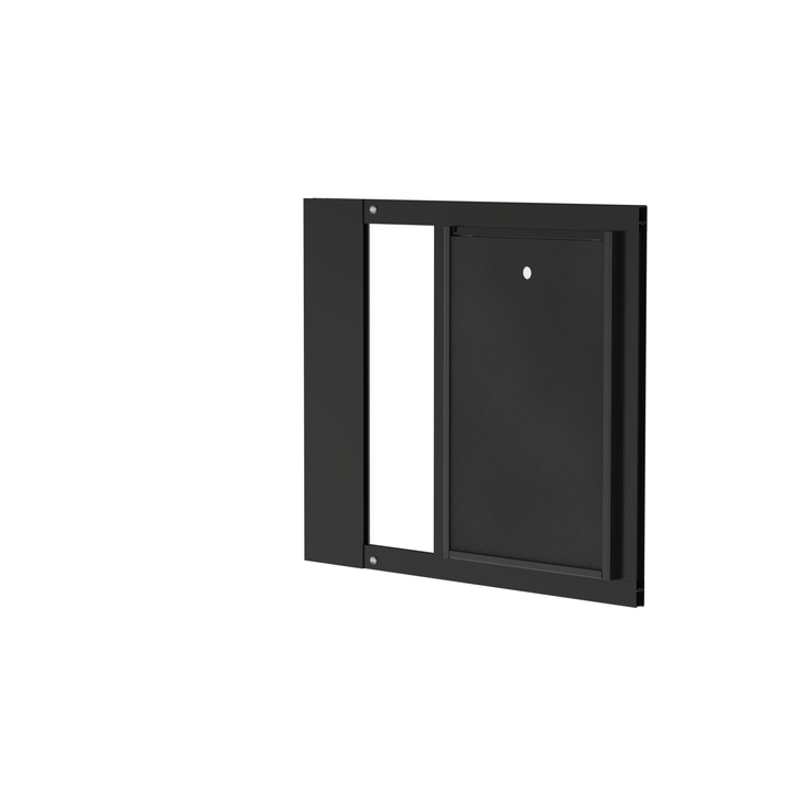 Black Dragon double flap pet door insert for aluminum sash windows, front view, tilted, with locking cover. Ideal for renters or vacation homes.
