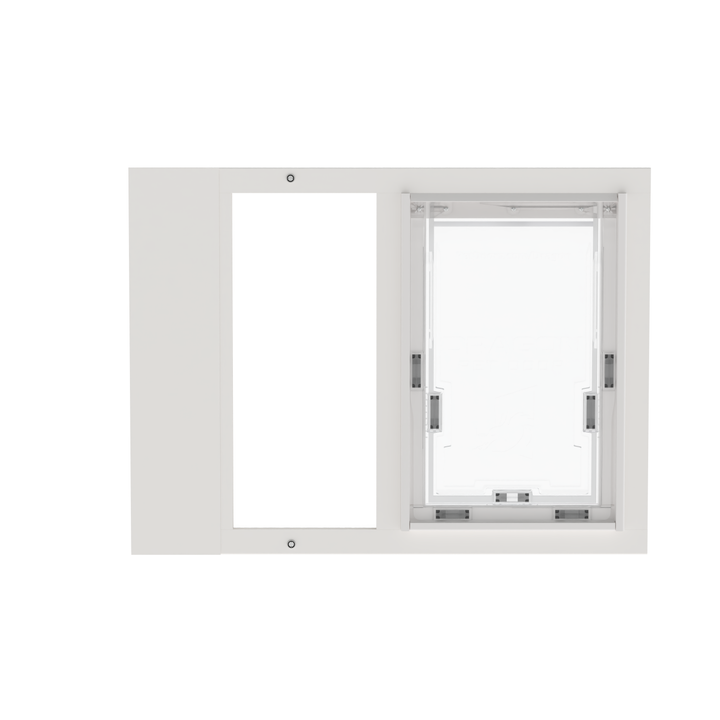  Dragon single flap pet door for sash windows, black, front view, without locking cover. Single pane, tempered glass design is perfect for moderate climates.