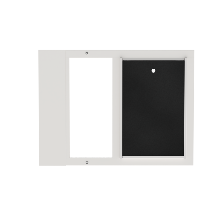  Dragon single flap pet door for sash windows, white, front view, without locking cover. Ideal for renters and vacation homes.