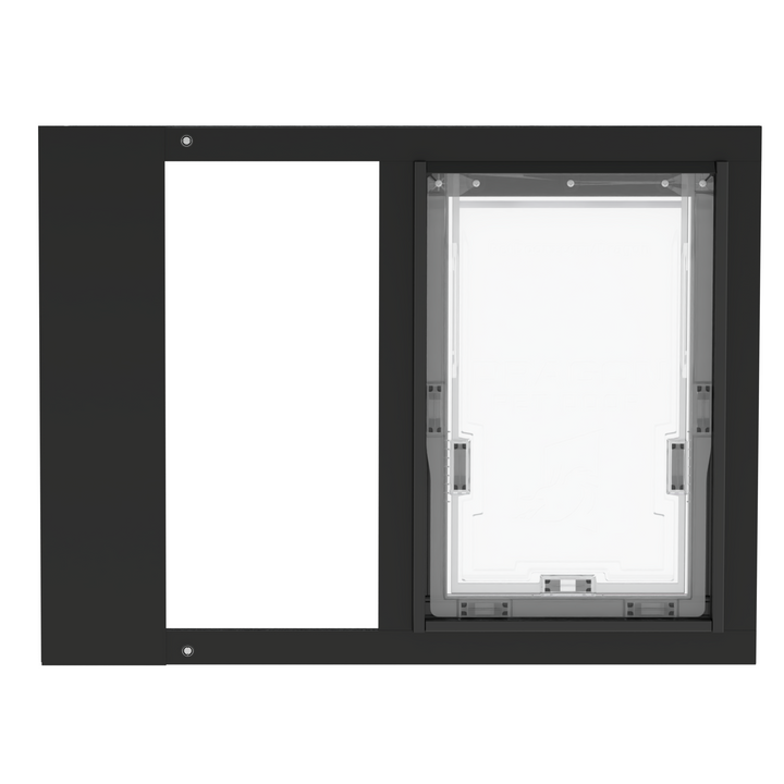 Black Dragon double flap pet door insert for aluminum sash windows, front view, closed, with locking cover. Easy installation with spring-loaded mechanism.
