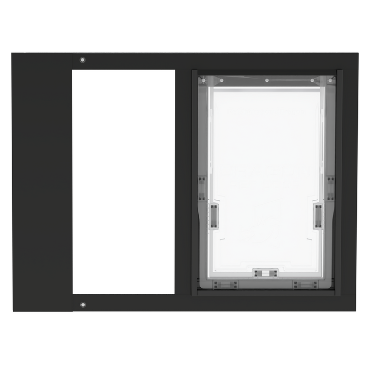  Dragon single flap pet door for sash windows, black, front view, with locking cover. Cost-effective, easy-to-install pet door for sash windows.