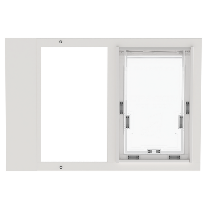 White Dragon double flap pet door insert for aluminum sash windows, front view, closed. Ideal for renters or vacation homes.