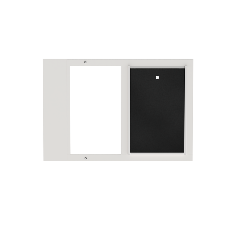 White Dragon double flap pet door insert for aluminum sash windows, front view, tilted, with locking cover. Translucent, flexible flap allows easy access for pets of all sizes.