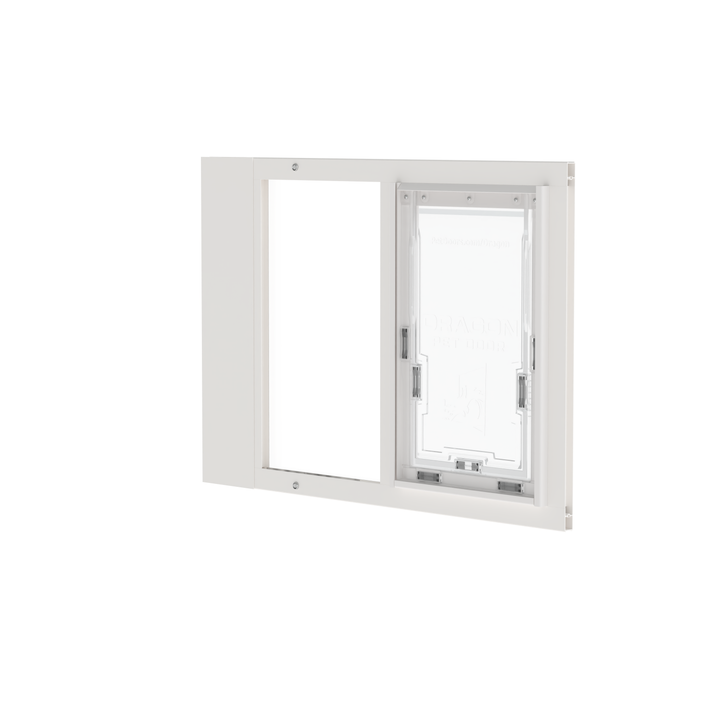 White Dragon double flap pet door insert for aluminum sash windows, front view, tilted, with locking cover. Adjustable width ranges to fit windows 22"-43" wide.