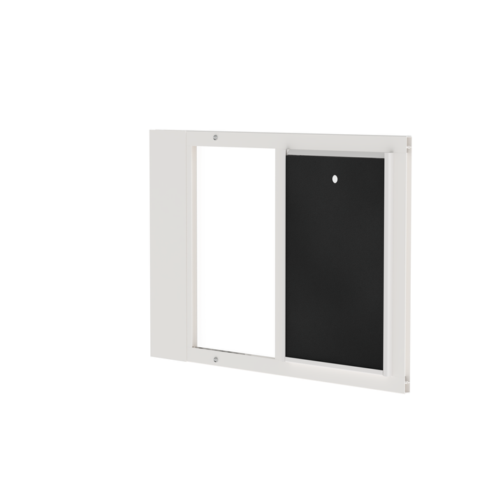  Dragon single flap pet door for sash windows, white, front view, with locking cover. Sturdy aluminum frame available in black or white.