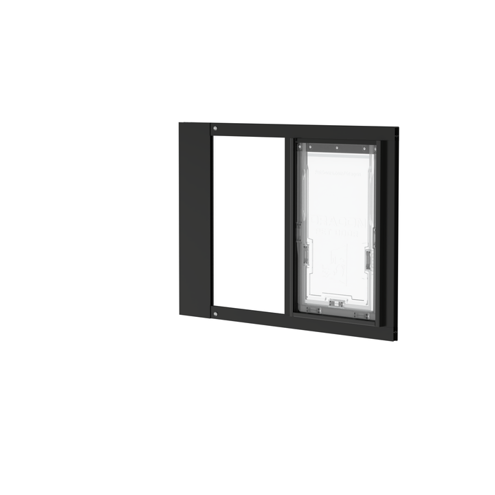 Black Dragon double flap pet door insert for aluminum sash windows, front view with locking cover, open. Fits window tracks at least 1" thick for secure fit.