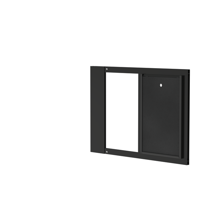  Dragon single flap pet door for sash windows, black, angled view, with locking cover. UV-resistant additives in the flap and frame prevent warping and cracking.