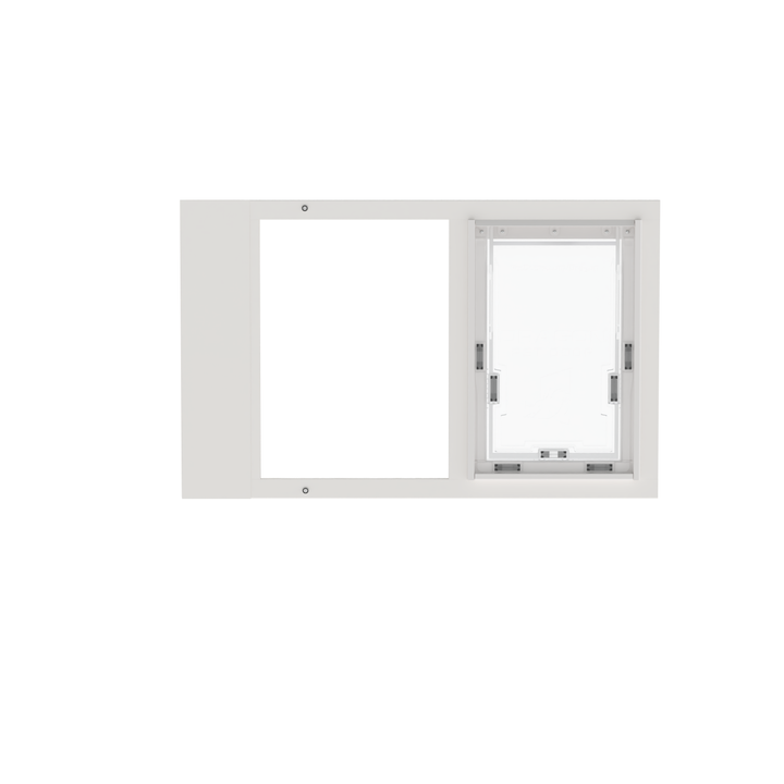 White Dragon double flap pet door insert for aluminum sash windows, front view, closed. Made with durable aluminum framing and UV-resistant additives.