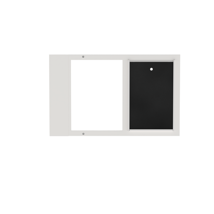  Dragon single flap pet door for sash windows, white, front view, with locking cover. Adjustable width accommodates sash windows ranging from 22" to 43" wide.