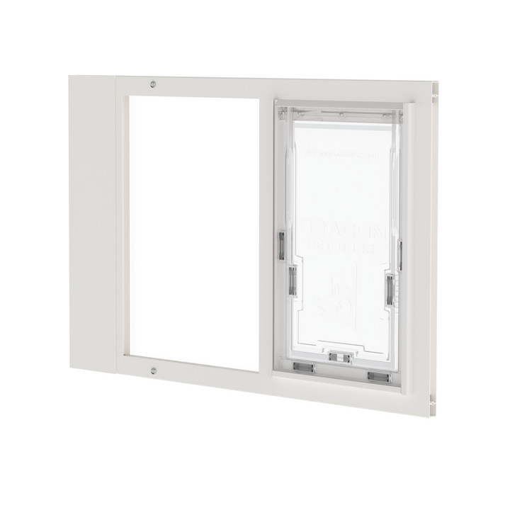 White Dragon double flap pet door insert for sash windows, front view, angled. Double flap system maximizes energy efficiency and weather resistance.