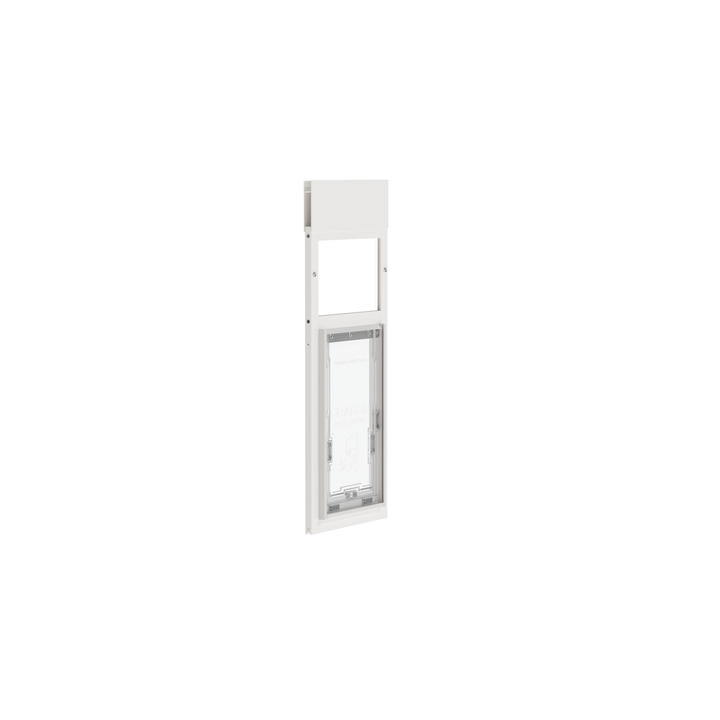 White Dragon double flap pet door for windows, tilted open. Designed to fit side-sliding windows with tracks 34"–37" or 46"–49" tall.