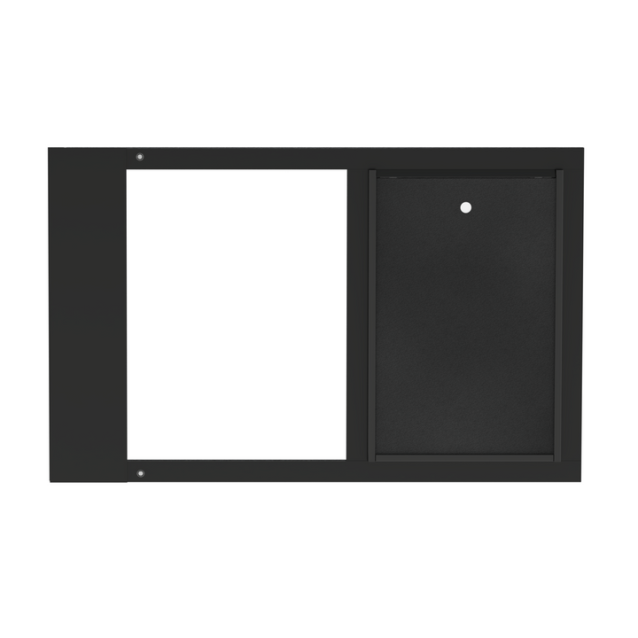  Dragon single flap pet door for sash windows, black, front view, with locking cover. Cost-effective, easy-to-install pet door for sash windows.
