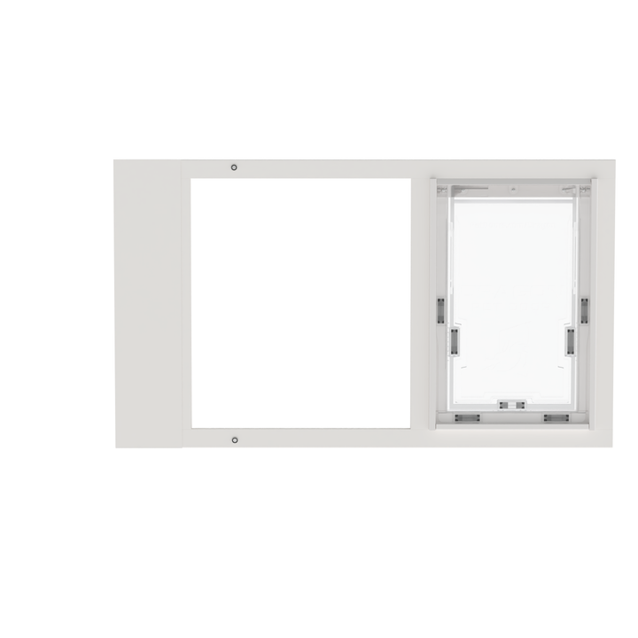  Dragon single flap pet door for sash windows, white, front view, with locking cover. Ideal for renters and vacation homes.