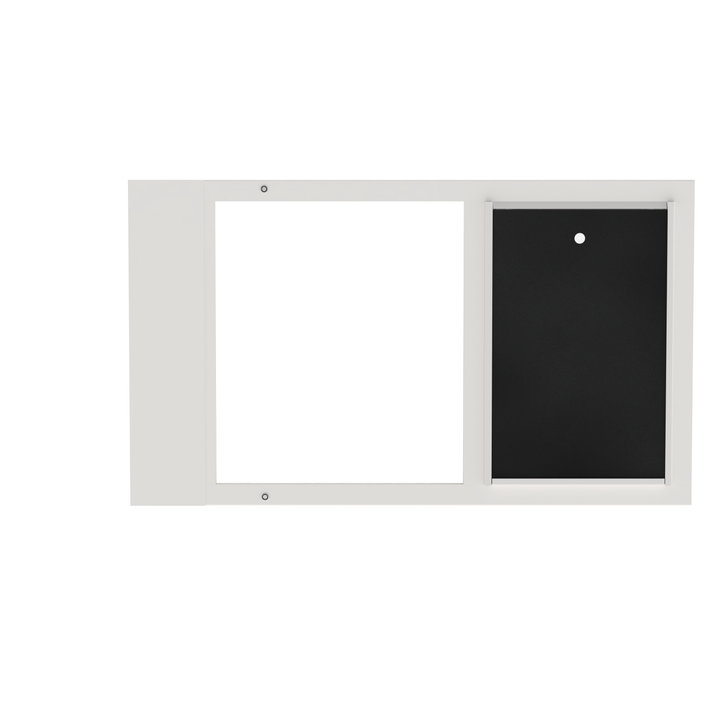  Dragon single flap pet door for sash windows, white, front view. Sturdy aluminum frame available in black or white.