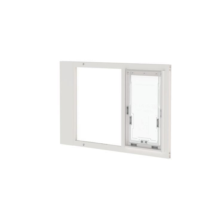  Dragon single flap pet door for sash windows, white, angled view. Single pane, tempered glass design is perfect for moderate climates.