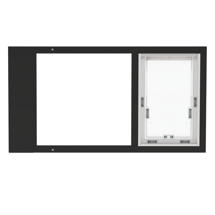 A front view of a black Dragon brand double flap pet door insert for aluminum sash windows, closed.