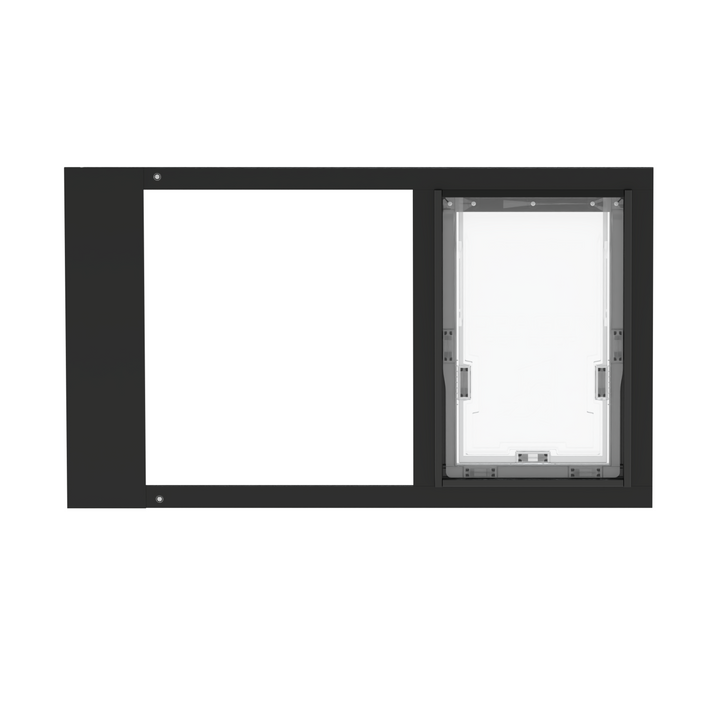 A front view of a black Dragon brand double flap pet door insert for aluminum horizontal sash windows, closed.