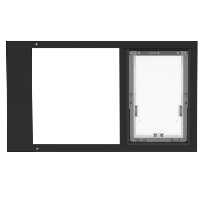  Dragon single flap pet door for sash windows, black, front view. Simple, quick installation, easily removable.