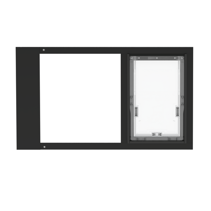 A close-up of a black Dragon brand double flap pet door insert for aluminum sash windows, closed.
