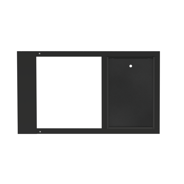 A front view of a black Dragon brand double flap pet door insert for aluminum horizontal sash windows, closed, with the locking cover in place.