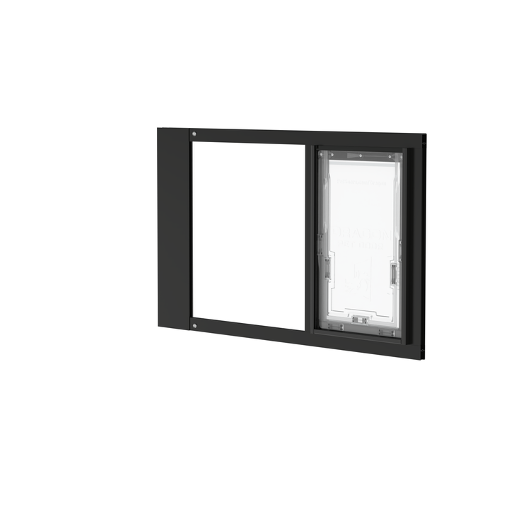  Dragon single flap pet door for sash windows, black, angled view. UV-resistant additives in the flap and frame prevent warping and cracking.