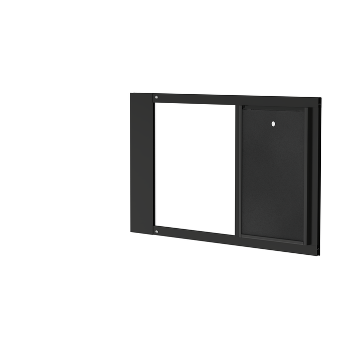A close-up of a black Dragon brand double flap pet door insert for aluminum horizontal sash windows, slightly tilted open, with the locking cover removed.