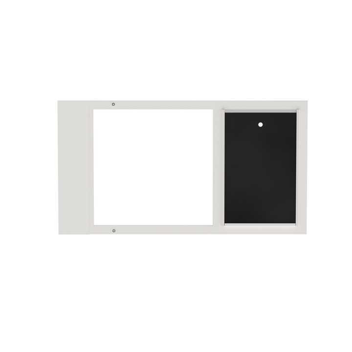 A front view of a white Dragon brand double flap pet door insert for aluminum horizontal sash windows, closed, with the locking cover in place.
