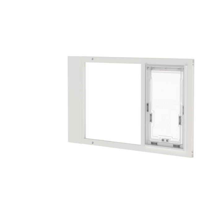  Dragon single flap pet door for sash windows, white, angled view. Two-piece flap design for improved sealing and insulation.