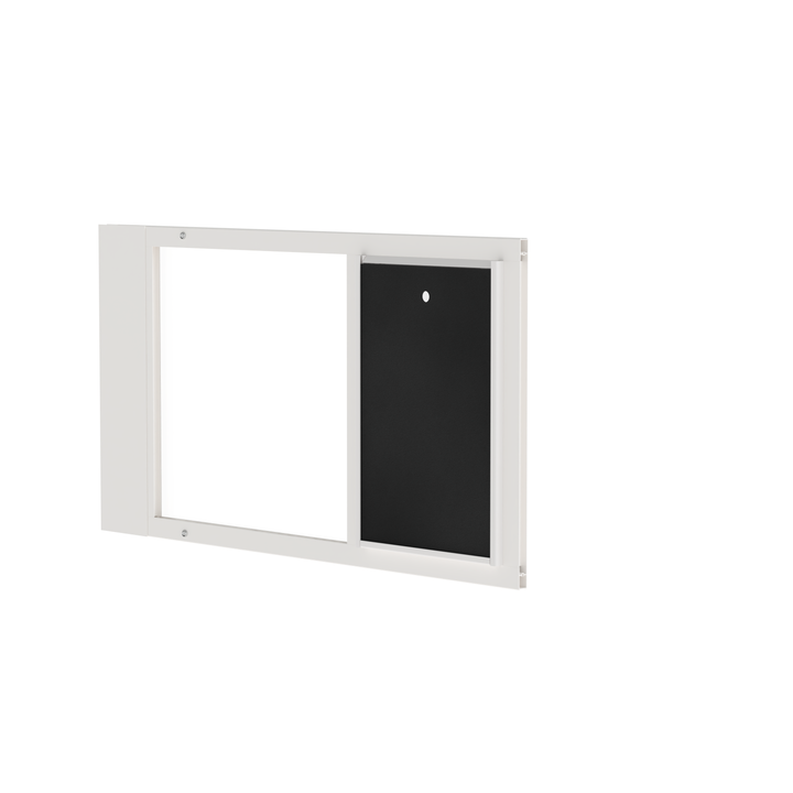  Dragon single flap pet door for sash windows, white, angled view, with locking cover. Translucent, flexible flap is easy for pets of all sizes to use.