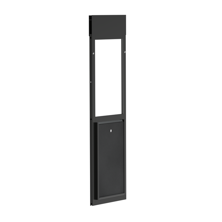 Black Dragon double flap pet door for windows, tilted open with locking cover. Versatile installation options for regular doors, walls, and various window types.