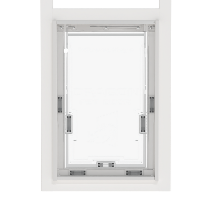  White Dragon single flap pet door for aluminum sliding glass doors, front view, zoomed in, with locking cover. Sturdy, flexible polyolefin elastomer flap material for insulation and pet comfort. 