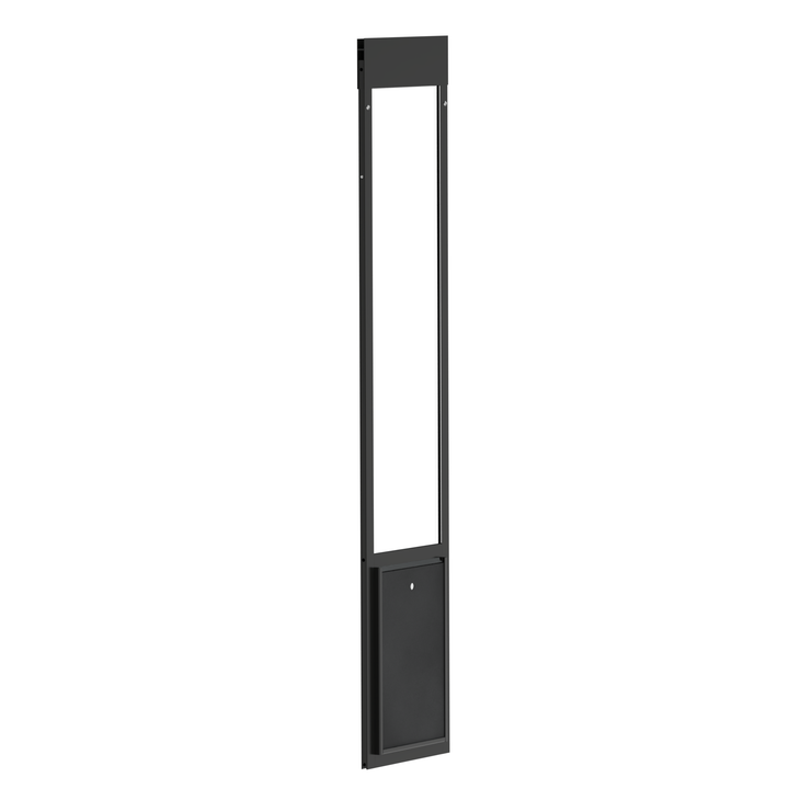 Black Dragon single flap pet door for aluminum sliding glass doors, front view, angled. Single-pane, tempered glass suited for moderate climates.