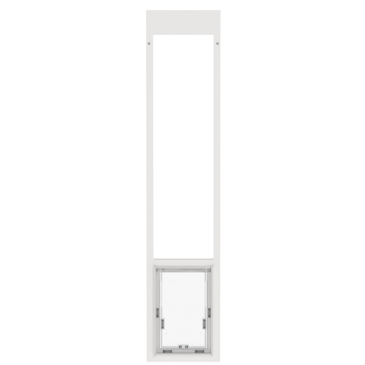 White Dragon single flap pet door for aluminum sliding glass doors, front view, with locking cover. Quick and simple installation with no tools required for most setups.