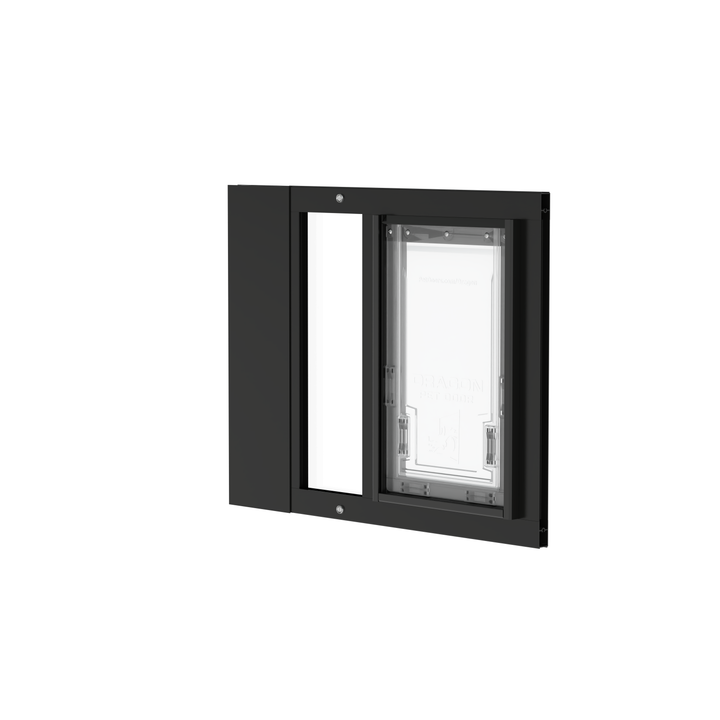  Dragon single flap pet door for sash windows, black, front view, with locking cover. Ideal for renters and vacation homes.