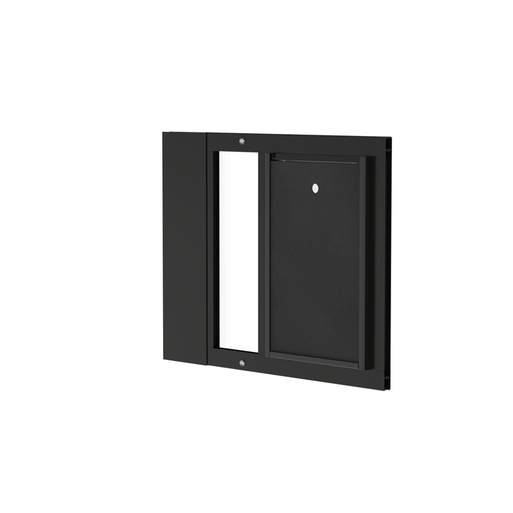 A close-up of a black Dragon brand double flap pet door insert for aluminum basement sash windows, slightly tilted open, with the locking cover removed.