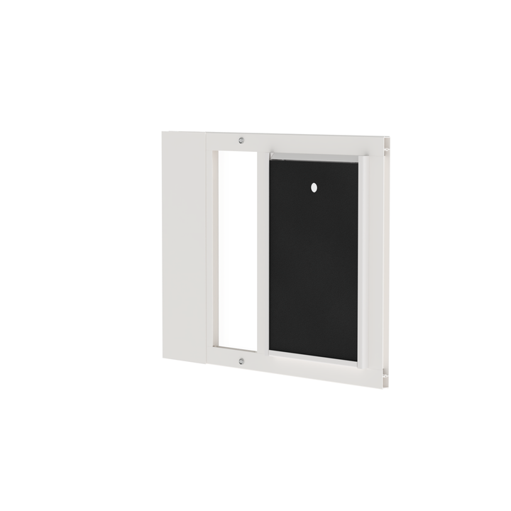  Dragon single flap pet door for sash windows, white, angled view, with locking cover. Spring-loaded mechanism for secure installation in window tracks at least 1" thick.