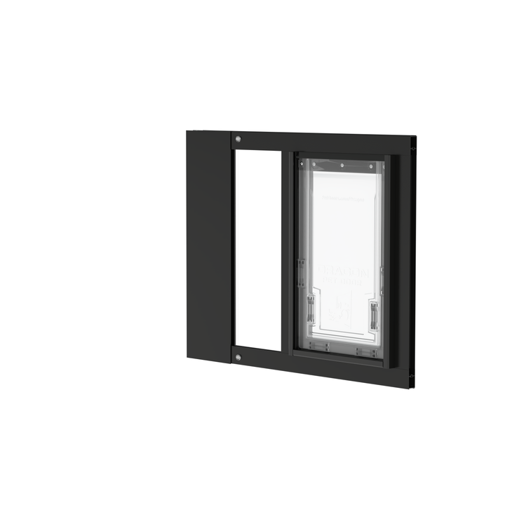 Dragon single flap pet door for sash windows, black, angled view, with locking cover. Ideal for renters and vacation homes.