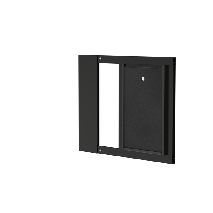 Dragon single flap pet door for sash windows, black, front view. Sturdy aluminum frame available in black or white.