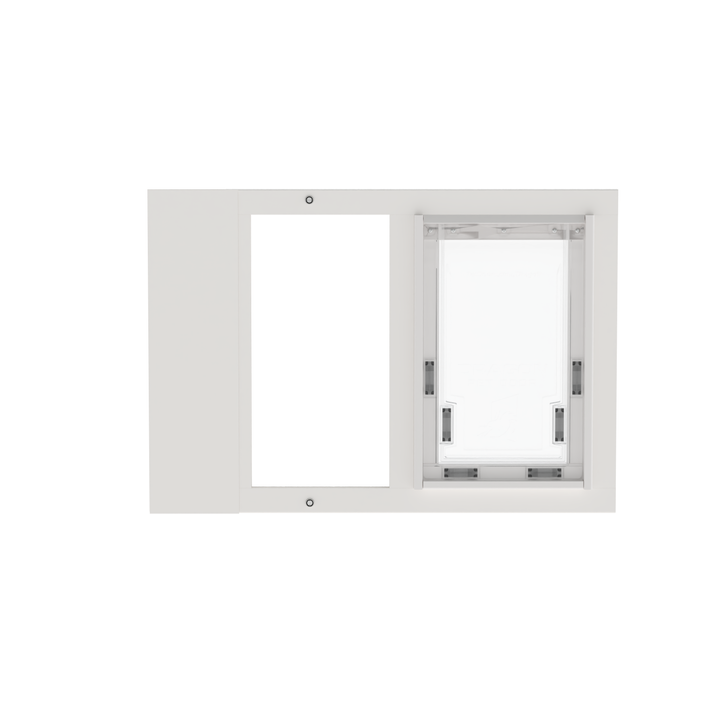 Dragon single flap pet door for sash windows, white, front view, with locking cover. Single pane, tempered glass design is perfect for moderate climates.