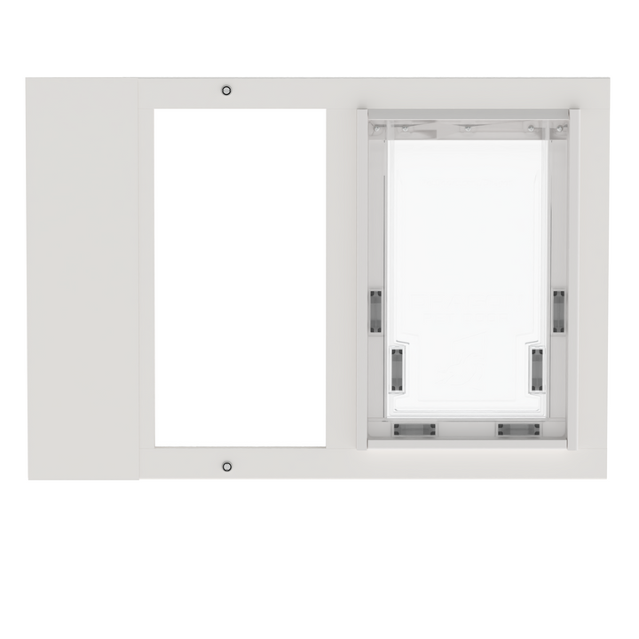 A front view of a white Dragon brand double flap pet door insert for aluminum casement sash windows, closed.