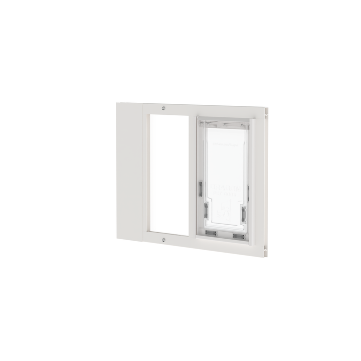 Dragon single flap pet door for sash windows, white, angled view. UV-resistant additives in the flap and frame prevent warping and cracking.