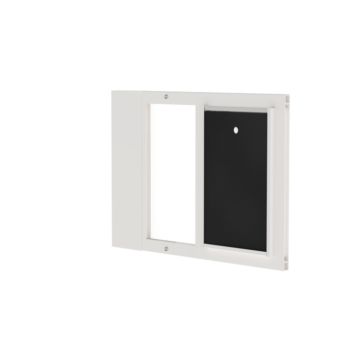 Dragon single flap pet door for sash windows, white, angled view, with locking cover. Cost-effective, easy-to-install pet door for sash windows.