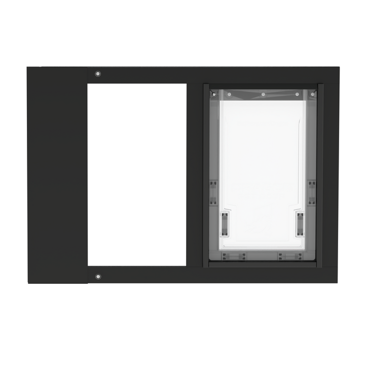 A front view of a black Dragon brand double flap pet door insert for aluminum double-hung sash windows, closed. 