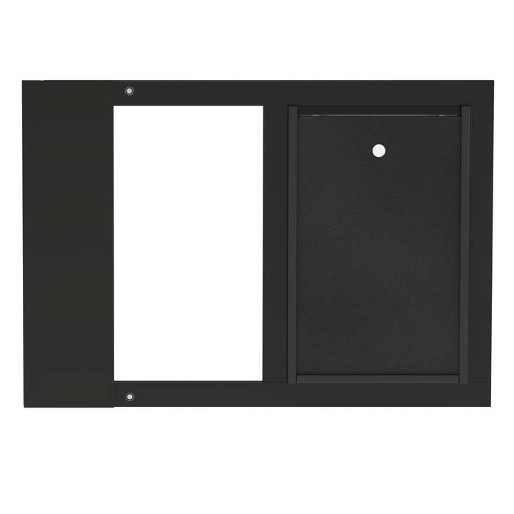 Dragon single flap pet door for sash windows, black, front view. Durable aluminum frame with translucent, flexible flap for pets of all sizes.