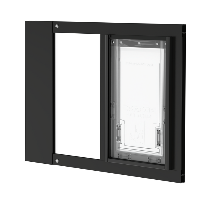 Dragon single flap pet door for sash windows, black, angled view. Two-piece flap design for improved sealing and insulation.