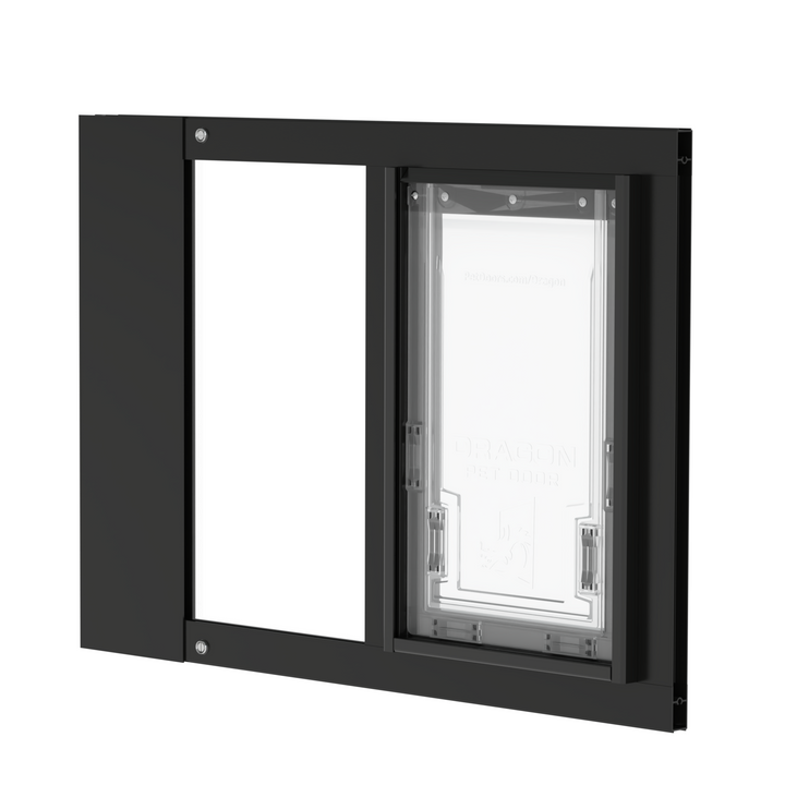 A close-up of a black Dragon brand double flap pet door insert for aluminum double-hung sash windows, slightly tilted open. 