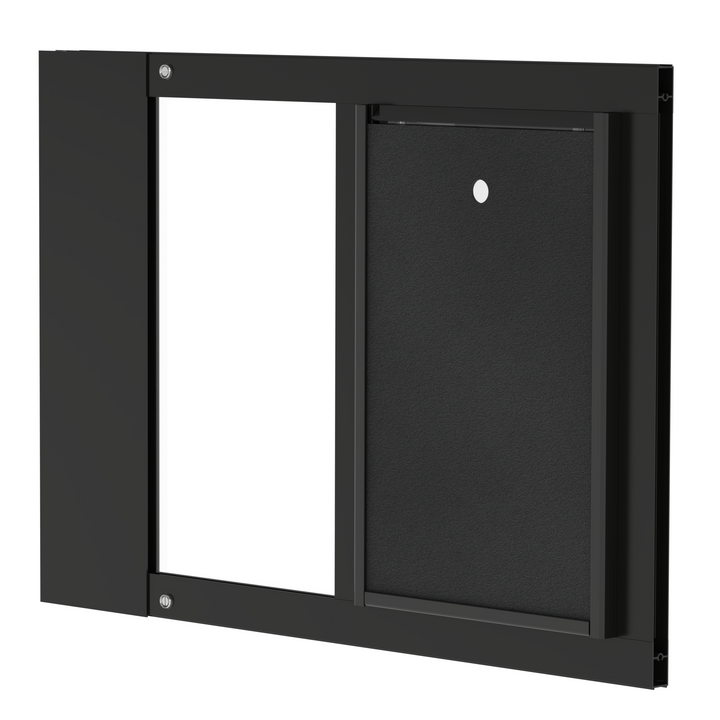  Dragon single flap pet door for sash windows, black, angled view. Easy installation with no need to cut holes in doors or walls.
