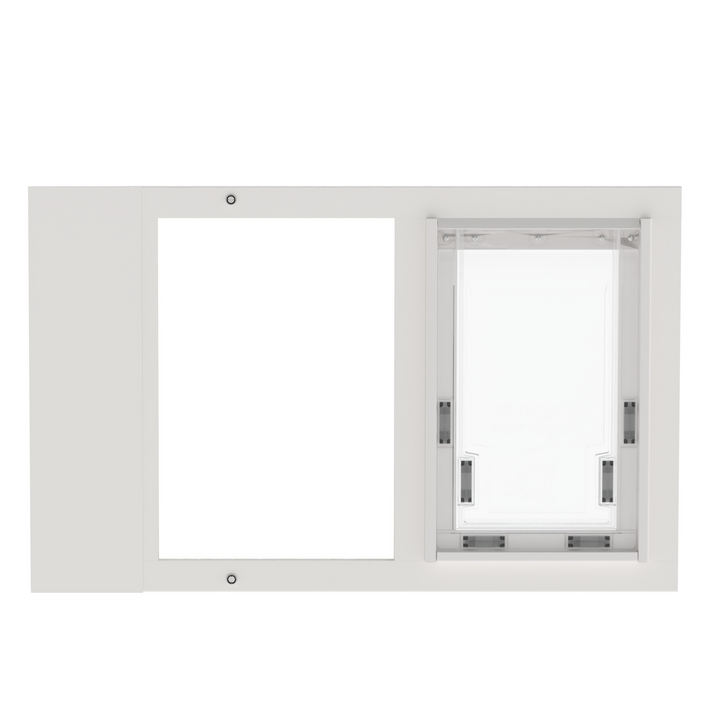 A front view of a white Dragon brand double flap pet door insert for aluminum double-hung sash windows, closed. 