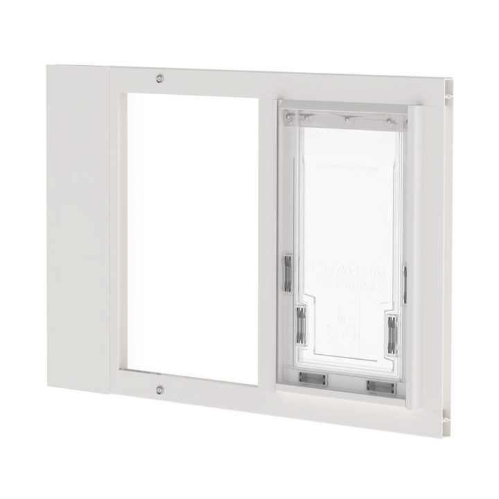  Dragon single flap pet door for sash windows, black, angled view. Translucent, flexible flap is easy for pets of all sizes to use.